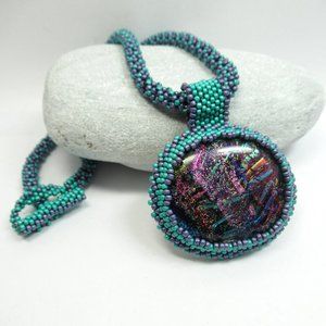 Hand embroidered Dichroic Cabochon necklace